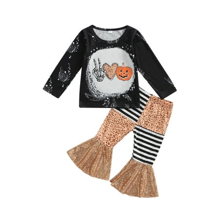 

IZhansean Toddler Baby Girl Halloween Outfit Pumpkin Print Long Sleeve Tops Shirts+Leopard Sequins Flared Pants Set Black 3-4 Years