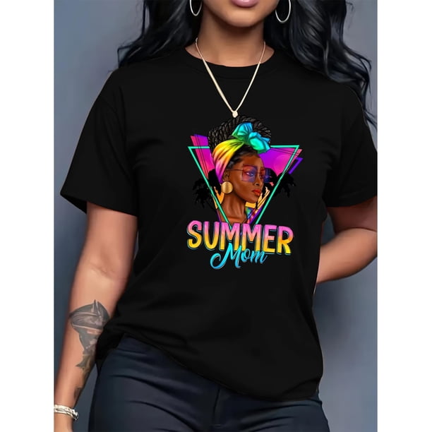 Camiseta Ligera de verano para mujerTriangle Sunset Coconut Tree Beautiful Woman Printed Casual Fashion Top with Round Neck Short Sleeve T-Shirt for Black LadiesFather's Day, Mother's Day, New Year,