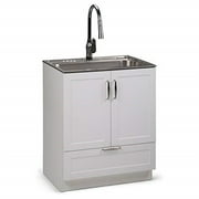 Simpli Home Reed 28 inch Laundry Cabinet with Pull-out Faucet and Stainless Steel Sink