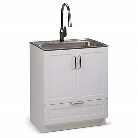 Simpli Home Reed 28 inch Laundry Cabinet with Pull-out Faucet and Stainless Steel Sink