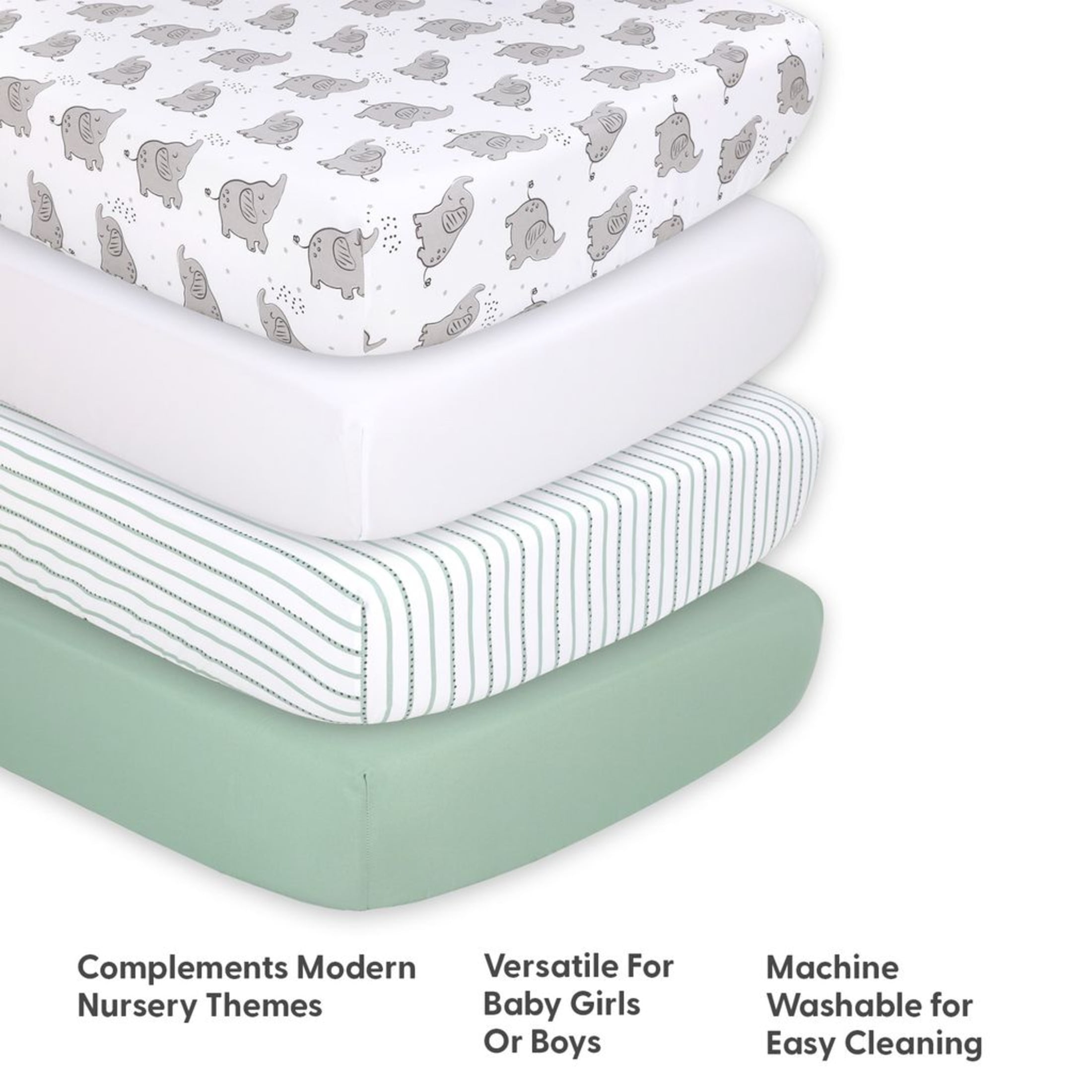 The Peanutshell Fitted Crib Sheets for Baby Boys or Baby Girls, 4 Pack Set, Grey and White Elephant, Microfiber