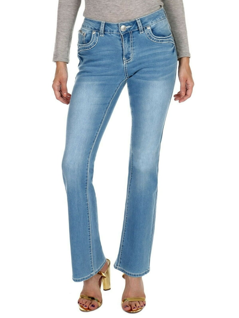 SEXY COUTURE Women's Rhinestone Mid Rise Boot Cut Light Wash