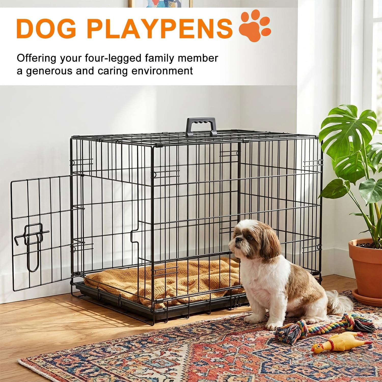 FDW 24 Inch Dog Crate Pet Cage with Metal Folding Design Plastic Tray Indoor Outdoor Dog Kennel Cage for Small Dogs,Black