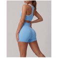 thumbnail image 5 of PISONIC Women 2 Piece Color Block Workout Set, Double Strap Racerback Sports Bra & High Waist Butt Lifting Biker Shorts, Summer Breathable Yoga Gym Activewear Outfit, 5 of 6