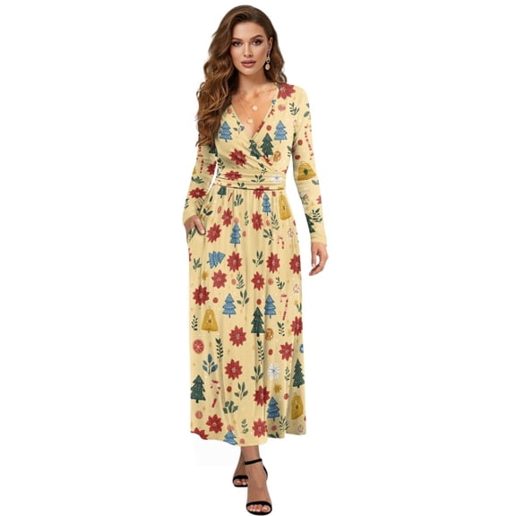 Tutolipy Flower Printed Midi Dresses for Women V Neck A Line Dress Long Sleeve Dresses Empire Waist Dress with Pockets, S