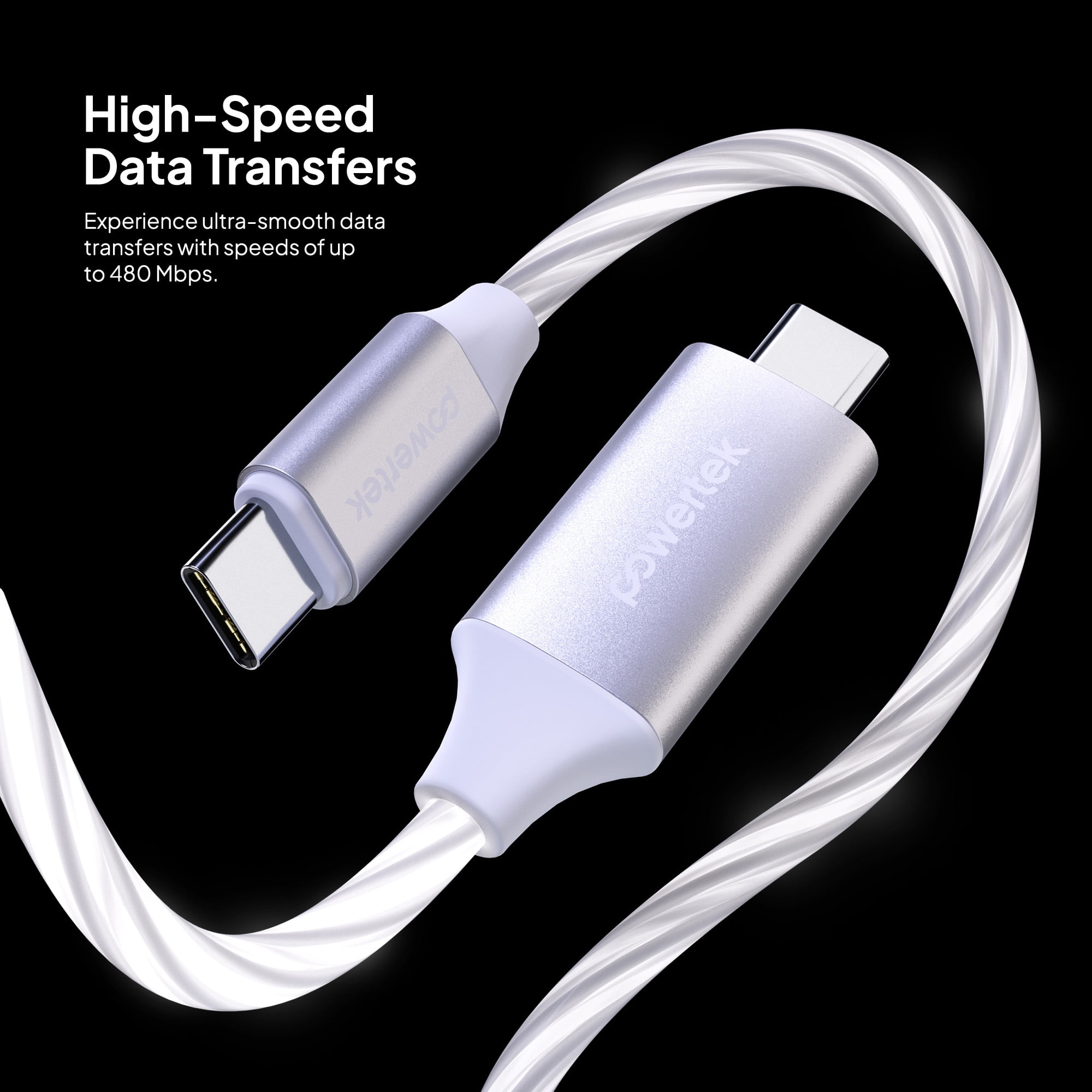 Powertek Light-Up USB-C to USB-C Fast Charging Cable, 60W, 5 ft, White