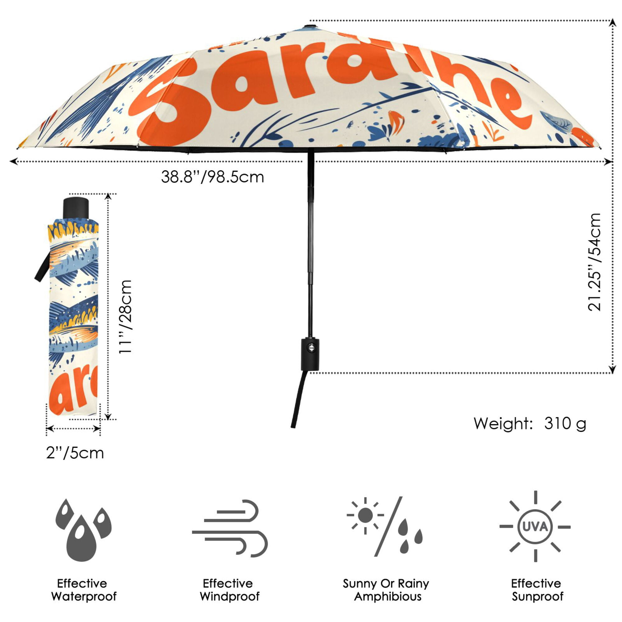 FORMRS Travel Umbrella Folding Auto Open Close Windproof Rain UV Protection, Blue Sardines Pattern