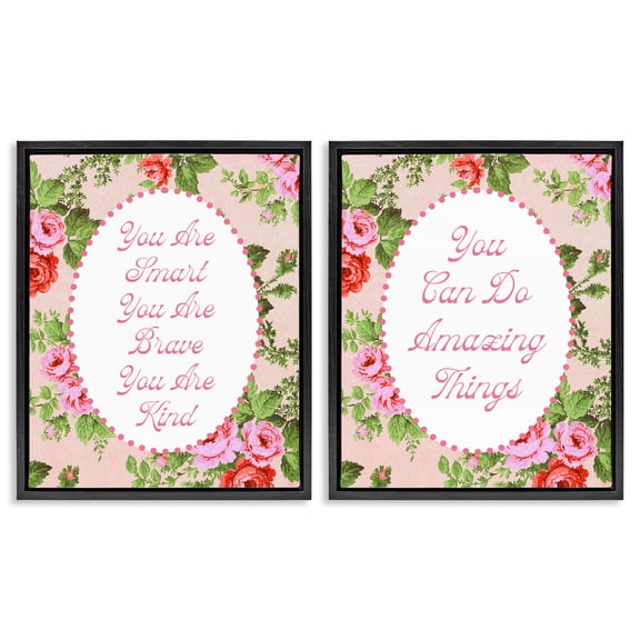 Stupell Industries Inspirations with Vintage Florals 2 Piece Black Framed Floater Canvas Set, design by Lil' Rue