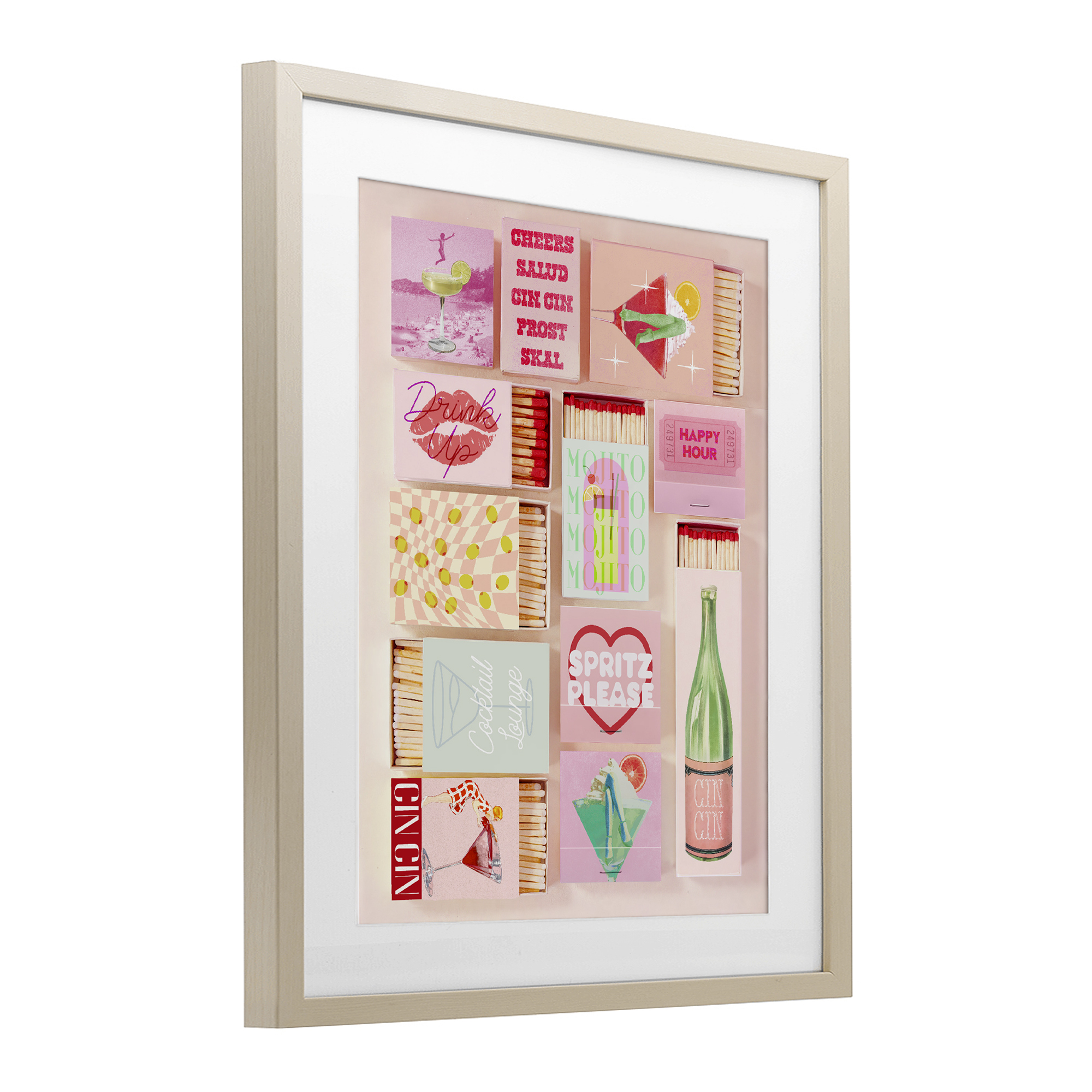 Glam Cocktails Retro Matches Birch Framed Print Under Glass, design by Lil' Rue