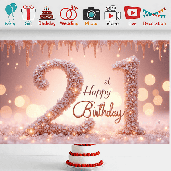 Glittering Design 21st Birthday Banner Floral Decoration Celebration Backdrop for Party Indoor Wall Decor