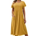 thumbnail image 3 of Avolia Plus Size Women Short Sleeve Dress with Pockets Pleats Round Neck Lightweight Casual Wear Yellow S, 3 of 7