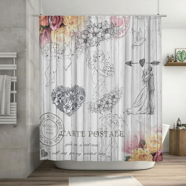 Floral Shower Curtain Hook Set of 12 White Rose w/ Leaves Shabby