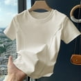 thumbnail image 3 of Women's Curved Hem Tee Shirts Fashion Solid Color Round Neck Short Sleeve Crop Tops Casual Comfort Trendy Pullover, 3 of 5