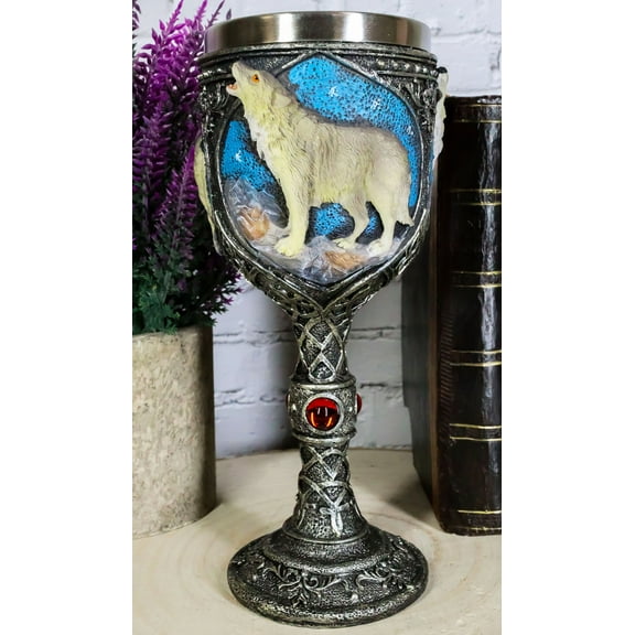 Ebros Howling Gray Wolf In Starry Night Wine Goblet With Celtic Knotwork 7oz