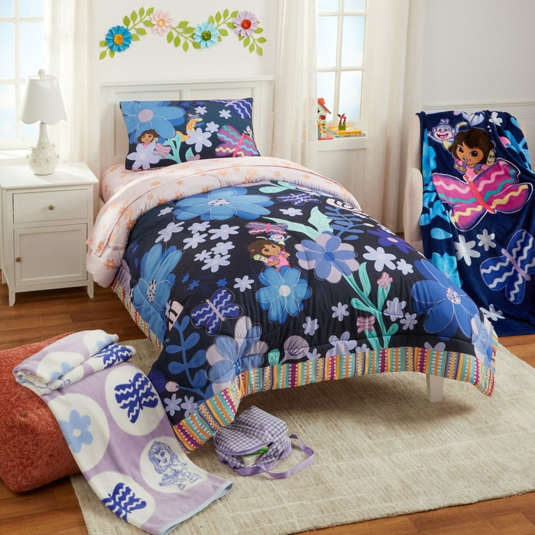 dora/B22-2/ Dora Kids 2 Piece Blue Pink Floral Reversible Comforter and