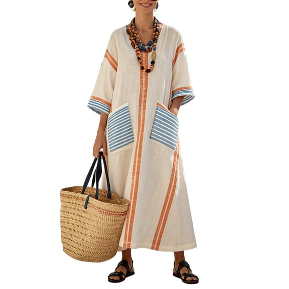 Levmjia Womens Striped Maxi Dress V Neck Casual Beach Cover Up Boho Kaftan with Pockets Flowy Crinkle Fabric loose Summer Vacation Outfit
