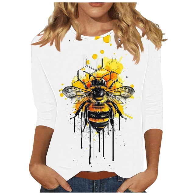 Tnhcen Chemises Décontractées d'Automne à Manches 3/4 Col Rond Imprimé Journée Mondiale des Abeilles pour Femmes - Hauts de Mode Grande Taille P-3TG