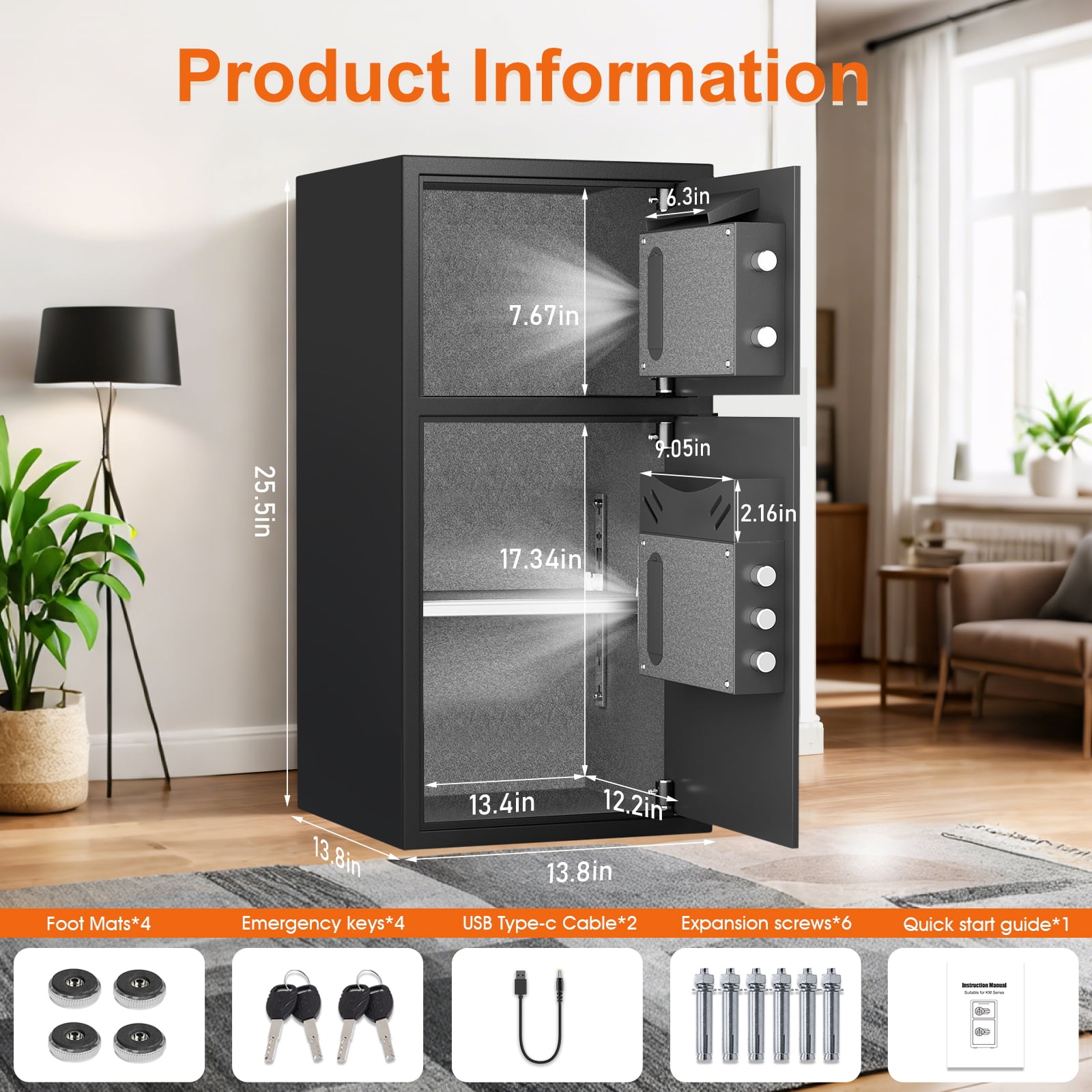 6.0 Cu Ft Fireproof Waterproof Anti-Theft Safe Box with LED Light, Deposit Slot & Dual Alarm System, Home Office Safe for Valuables Cash Documents
