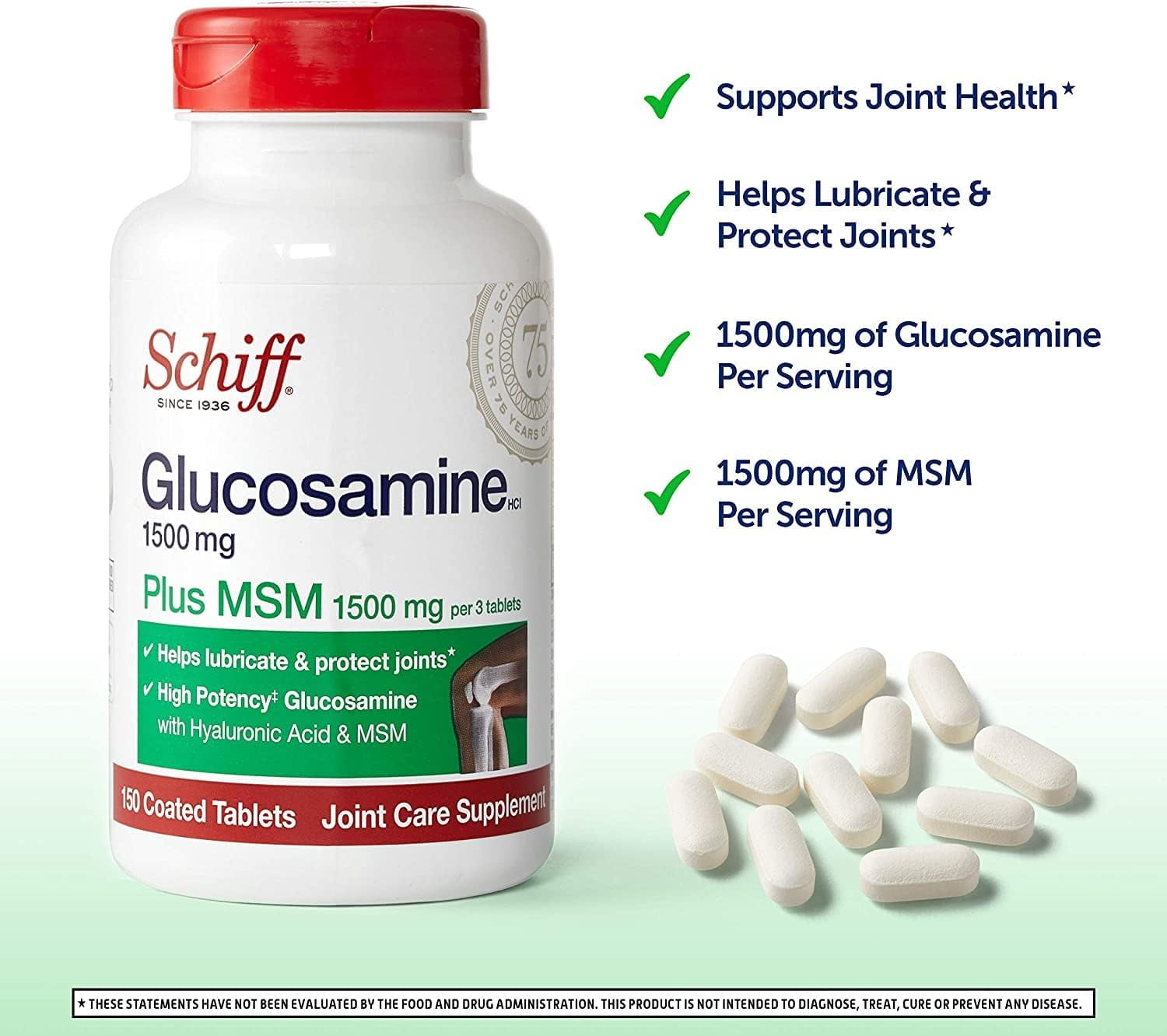 Schiff Glucosamine 1500mg Plus MSM and Hyaluronic Acid, 150 Tablets - Joint Supplement (Pack of 2)