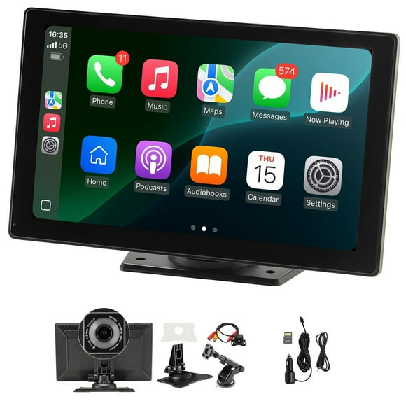 KFFKFF Wireless Car Stereo, 9-Inch HD Portable Radio Touch Screen with Apple CarPlay and Android Auto, CarPlay Screen with Front & Backup Cameras, Voice Control, Mirror Link