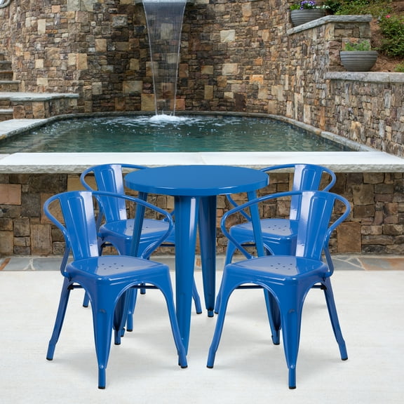 BizChair Commercial Grade 24" Round Blue Metal Indoor-Outdoor Table Set with 4 Arm Chairs