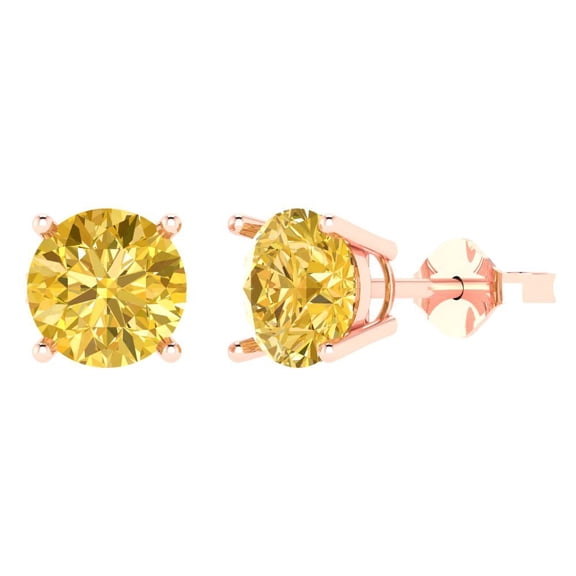 4 ct Push-Back Stud Earrings for Women | 8.0mm Round Cut Simulated Yellow Diamond | 18K Rose Gold