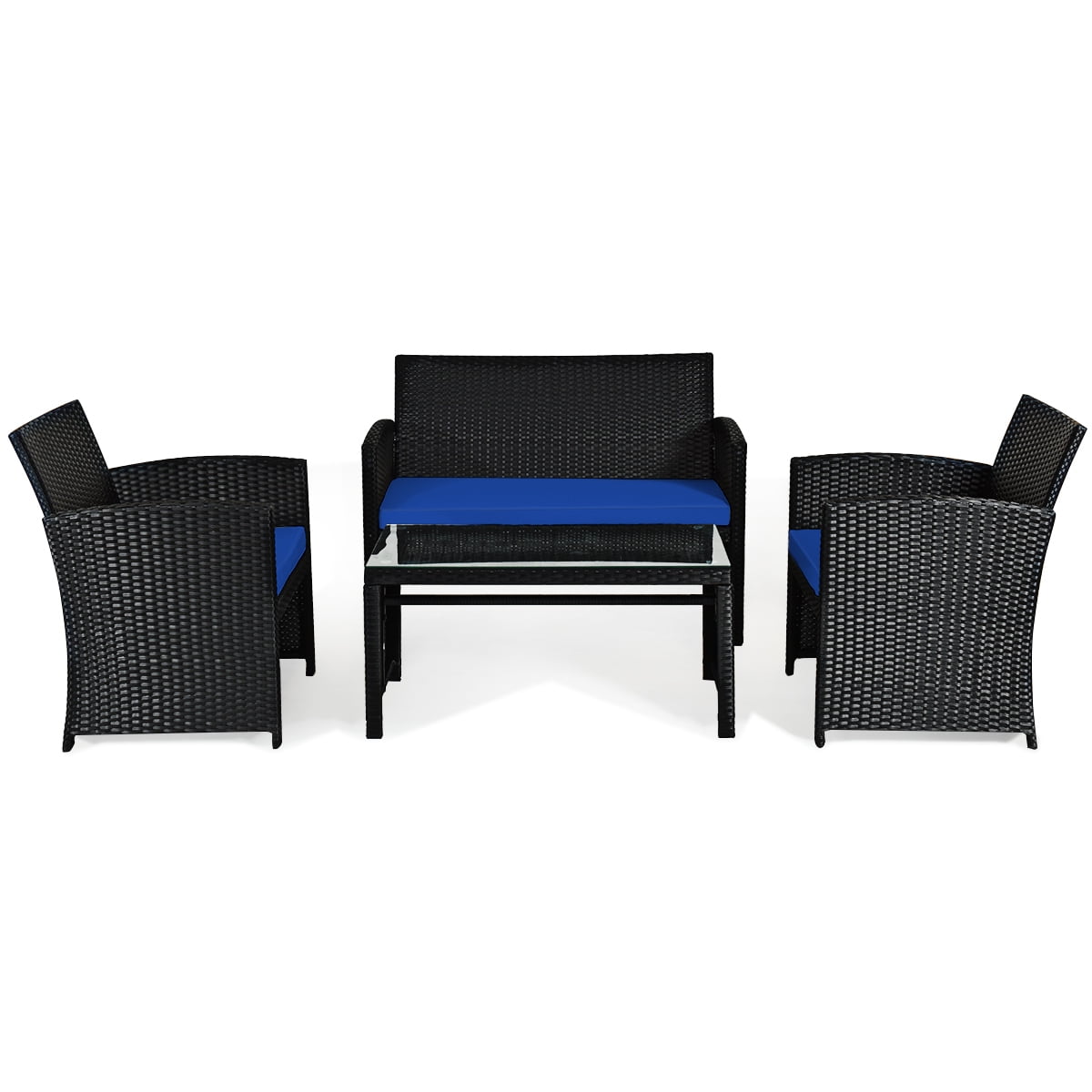Costway 4PCS Patio Rattan Furniture Conversation Set Cushion Sofa Table Garden Navy
