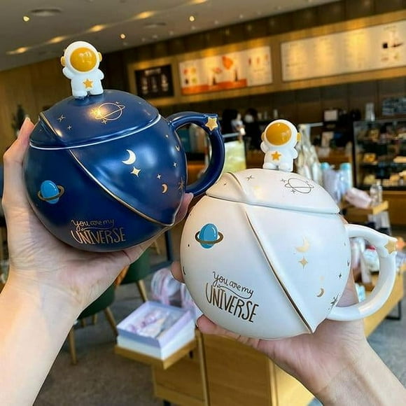 Cute Astronaut Mugs with Lid, Novelty Ceramic Coffee Mug, Ember Morning Mushroom Milk, Navy Blue Tea Cup 400ml/15oz