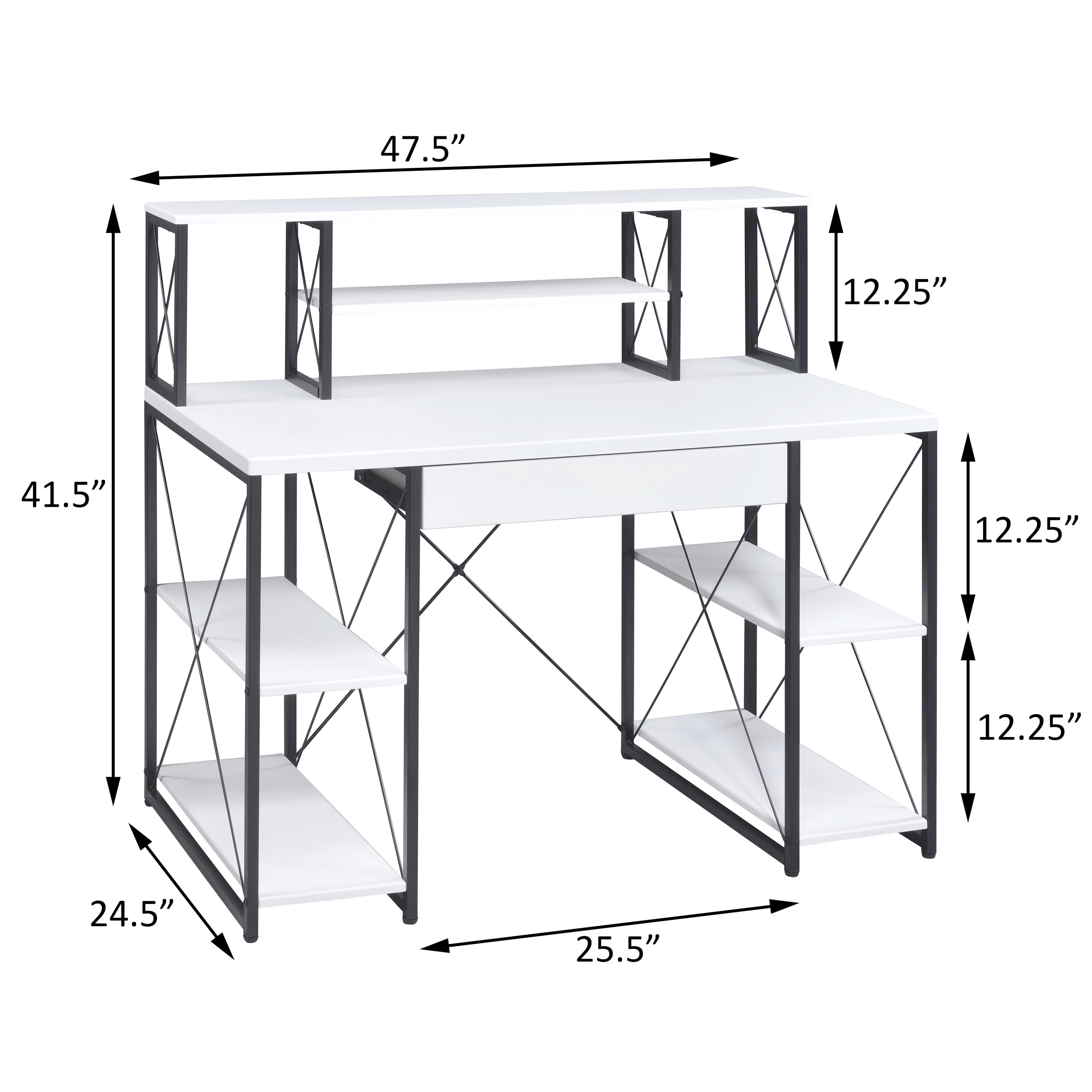 Astoutdoor White and Black Office Desk with Open Shelves and Hutch