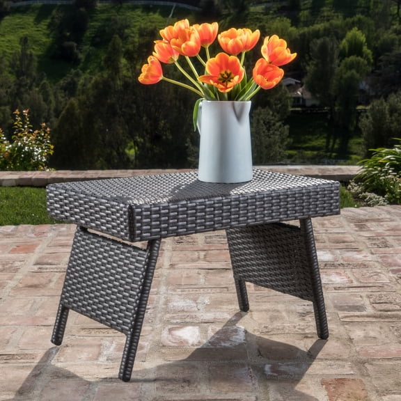 Snack Table with PE Wicker and Iron Frame, Outdoor Patio Side Table and Accent Table for Garden Deck, Gray