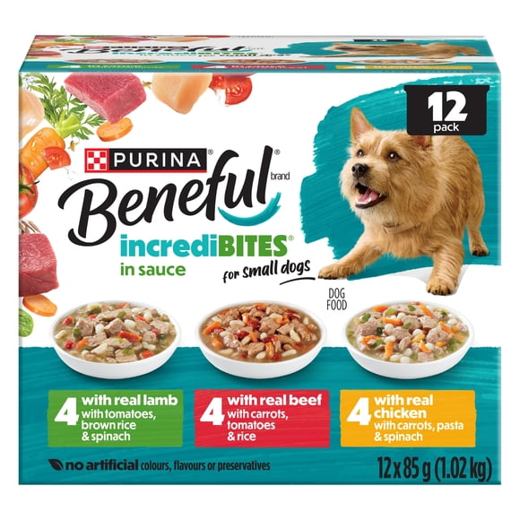 Purina Beneful IncrediBites avec du Vrai Agneau, du Vrai Boeuf, du Vrai Poulet en Sauce 12C Emballage Assorti, Nourriture Humide pour Chiens, 85g x 12
