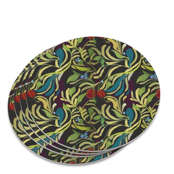 Floral Fruit Vines Black Pattern Novelty Coaster Set