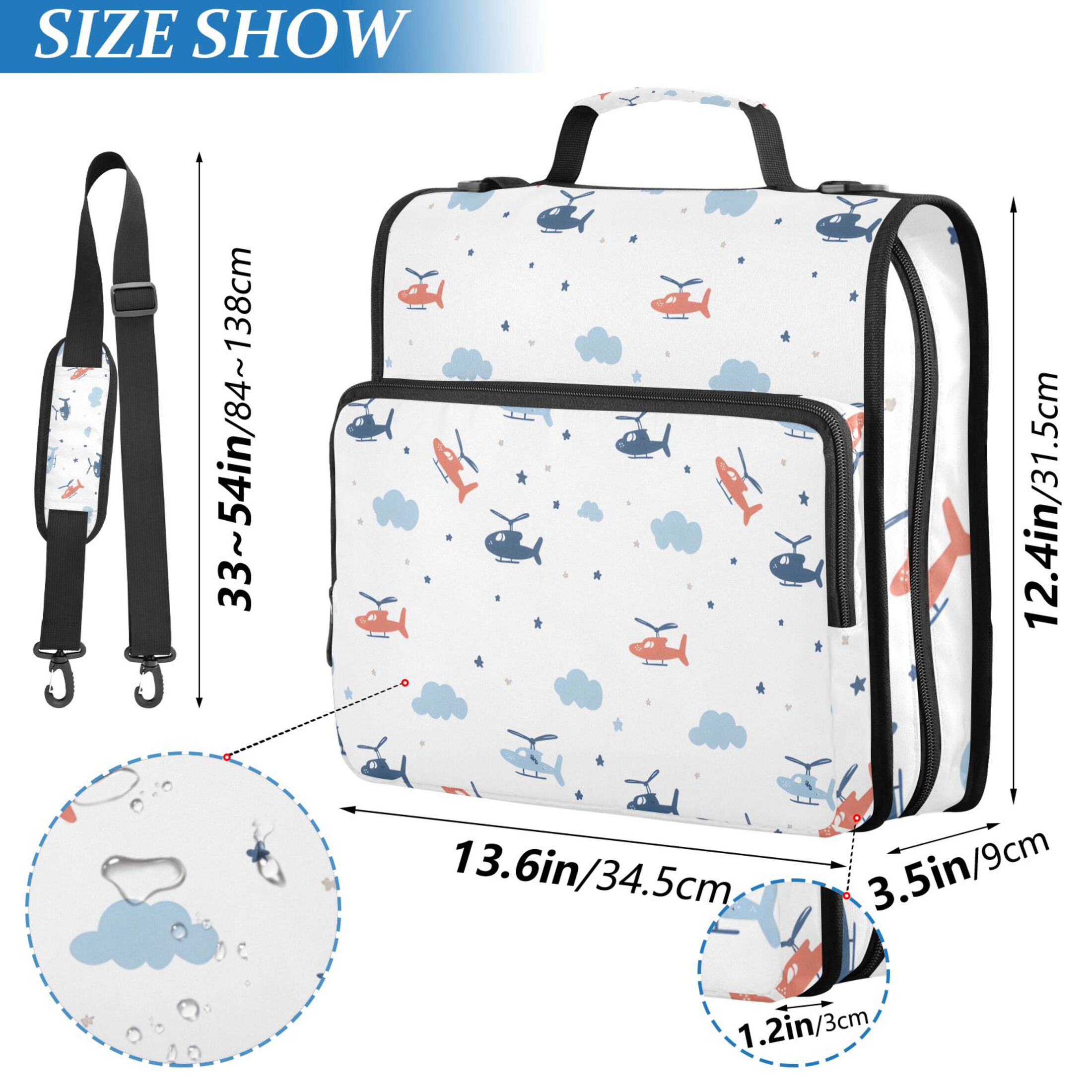 3 Ring Zipper Binder with Shoulder Strap Waterproof Trapper Keeper 2 Inch D-Ring 500 Sheets Capacity Helicopter and Cloud