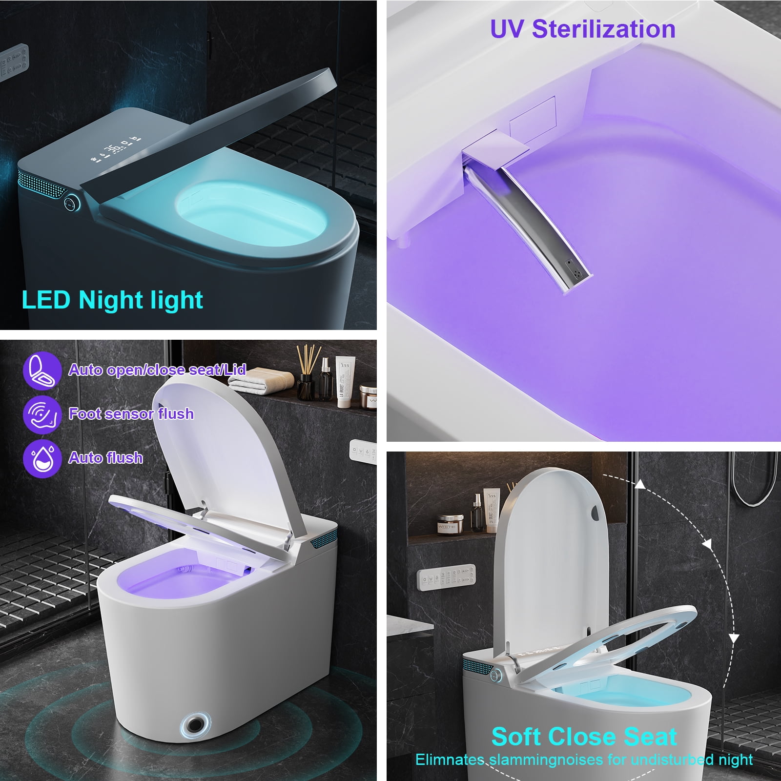 Smart Toilet with Heated Seat & Automatic Soft-Close Lid - Modern White/Black Bathroom Toilet with Night Light, Adjustable Temperature, Foam Seal System, Touchless Operation, Floor-Mounted Design, US
