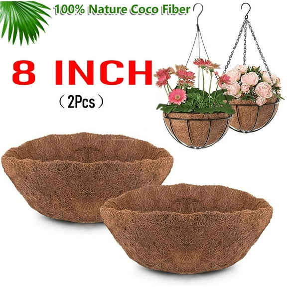 Cocobaby 2pcs 8" Round Coco Coir Liners Replacement for Hanging Basket, 100% Natural Pre-Formed Coconut Fiber Planter Liners for Garden Flower Vegetables Pot/Wall Hanging Baskets/Fence Flower Baskets
