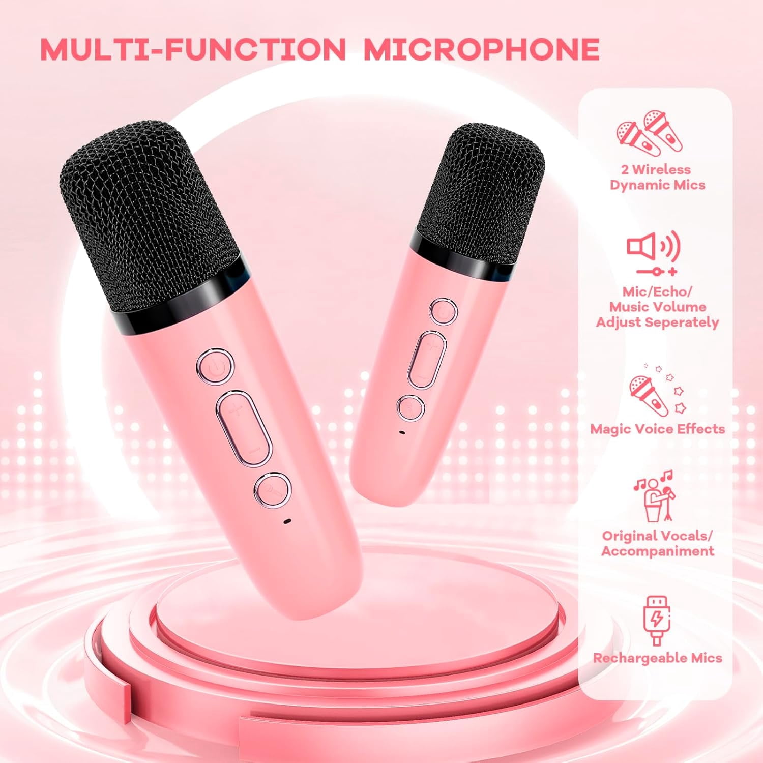 Mini Karaoke Machine for Adults, Portable Bluetooth Speaker with 2 Wireless Microphones, Most Popular Toys Birthday Gifts for Girls 4, 5, 6, 7, 8, 9, 10, 11, 12+ Years Old Toddler Teens（Rose）