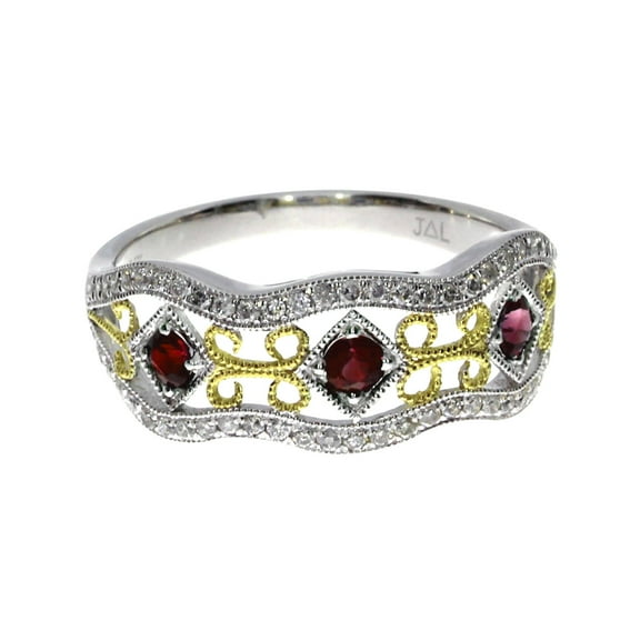 14k White Gold Two Tone Ruby and Diamond Filigree Band