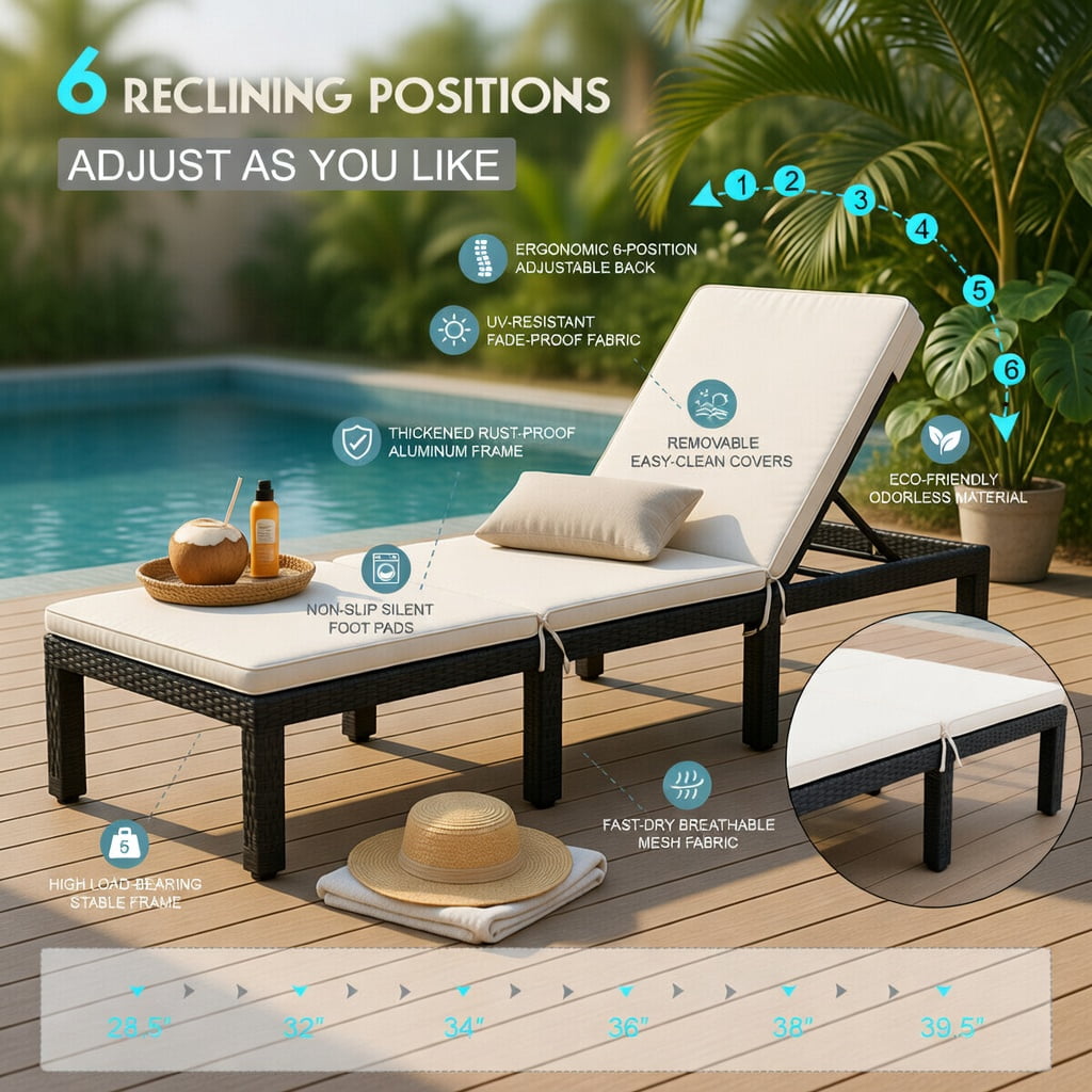 Hommoo Adjustable Height Outdoor Rattan Chaise Lounge Chair with Thick Cushion, PE Wicker Patio Lounger for Poolside, Garden, Porch, White
