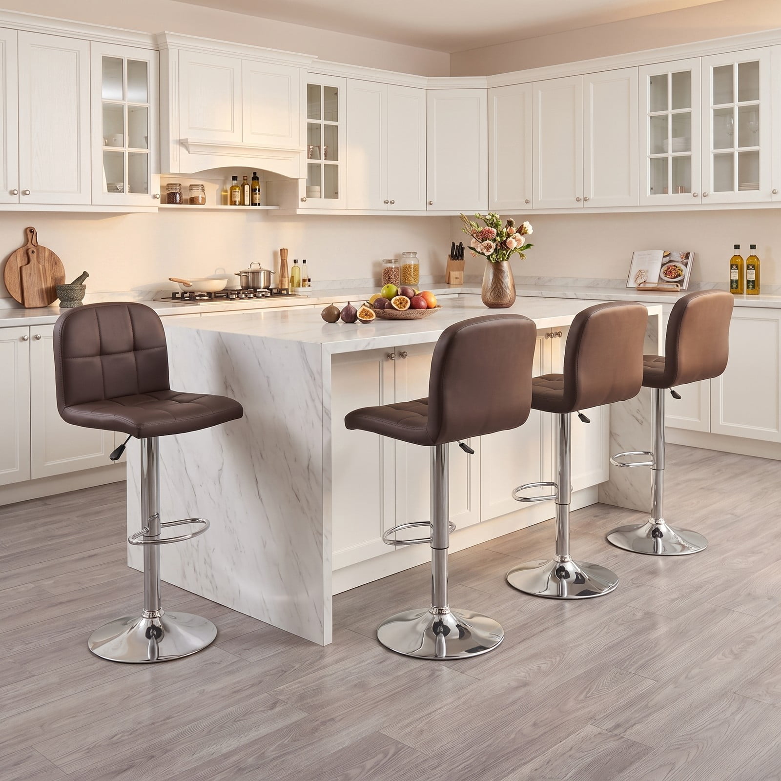 Furnibear Swivel Bar Stools Set of 2, 24-32 Inch Adjustable Height Counter Height Barstools with Footrest, 360 Degree Swivel Faux Leather Padded Kitchen Island, Brown