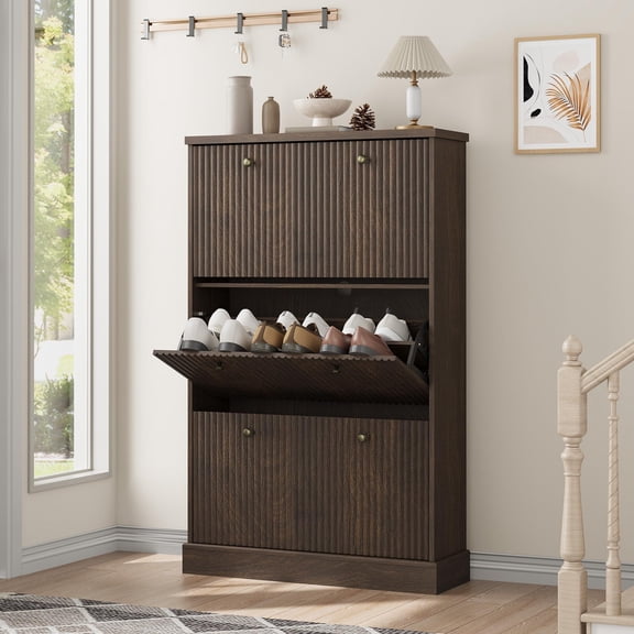 Walnut 3-flip drawer narrow entryway shoe cabinet