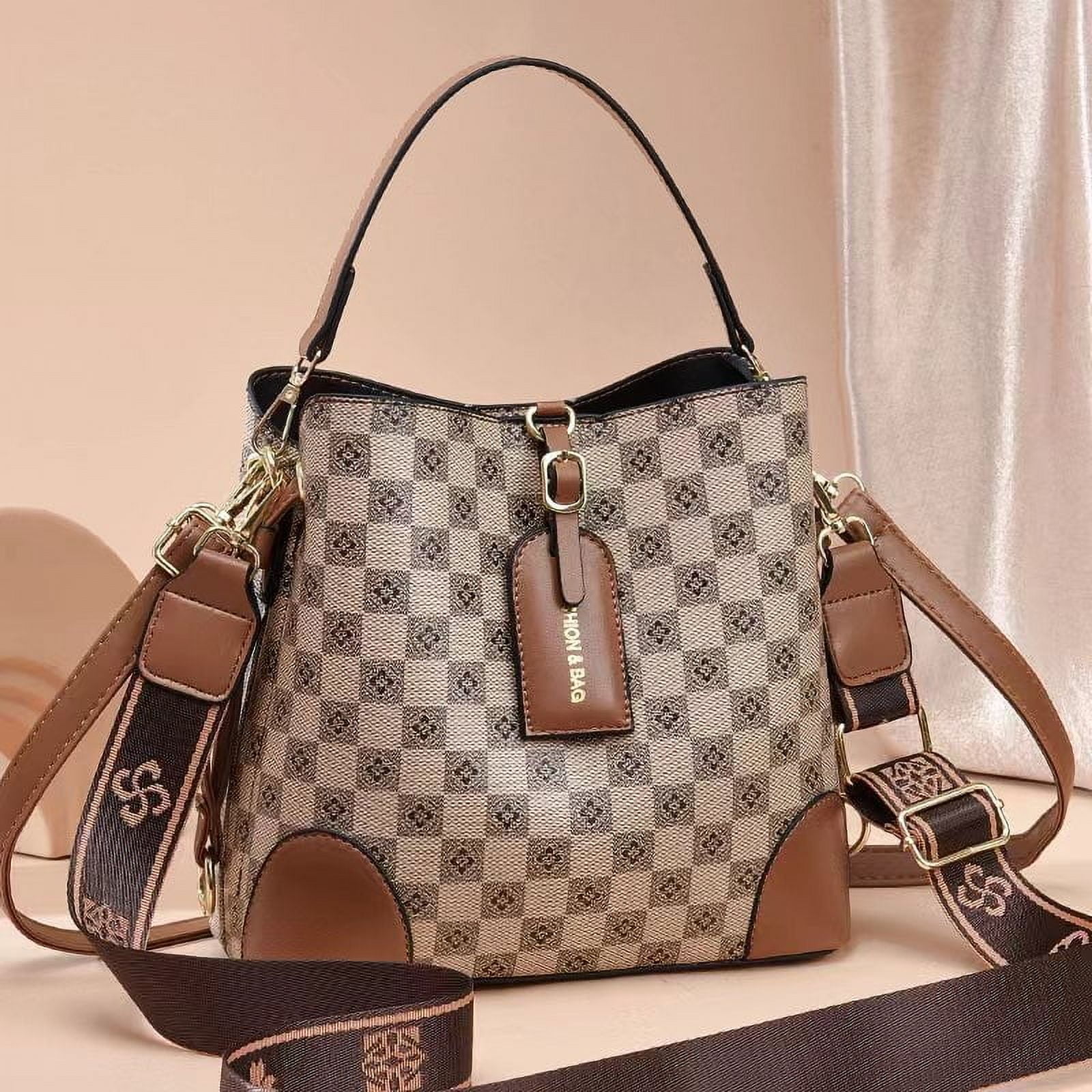 PORT&LOTUS Small Compact Leather Crossbody Bag for Women Classic Floral Bucket Bag for Women with Shoulder Strap Women's Top-handle Handbags with Adjustable Shoulder Strap