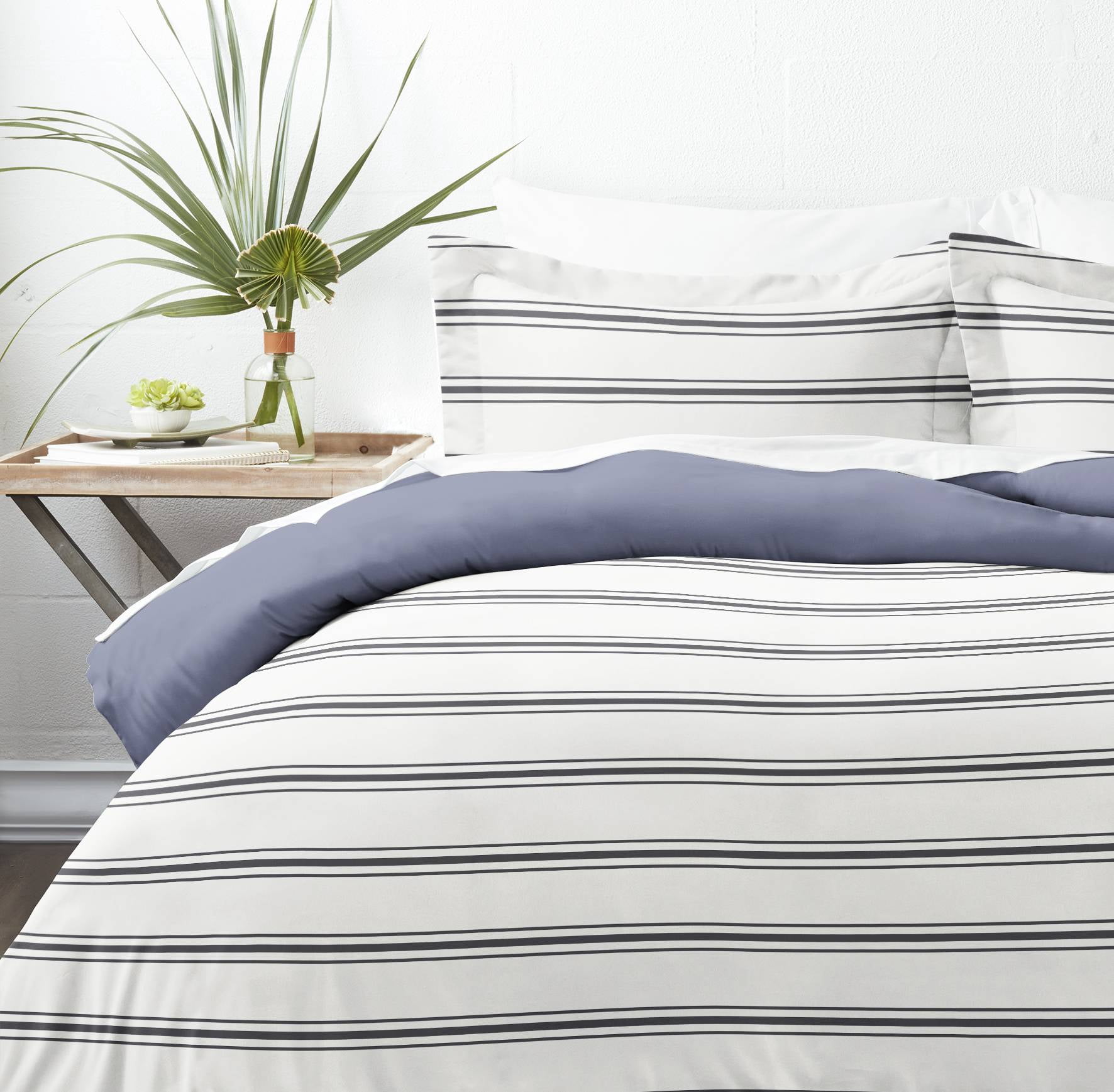 Noble Linens Navy Desert Stripe Reversible 3-Piece Duvet Cover Set, Full/Queen
