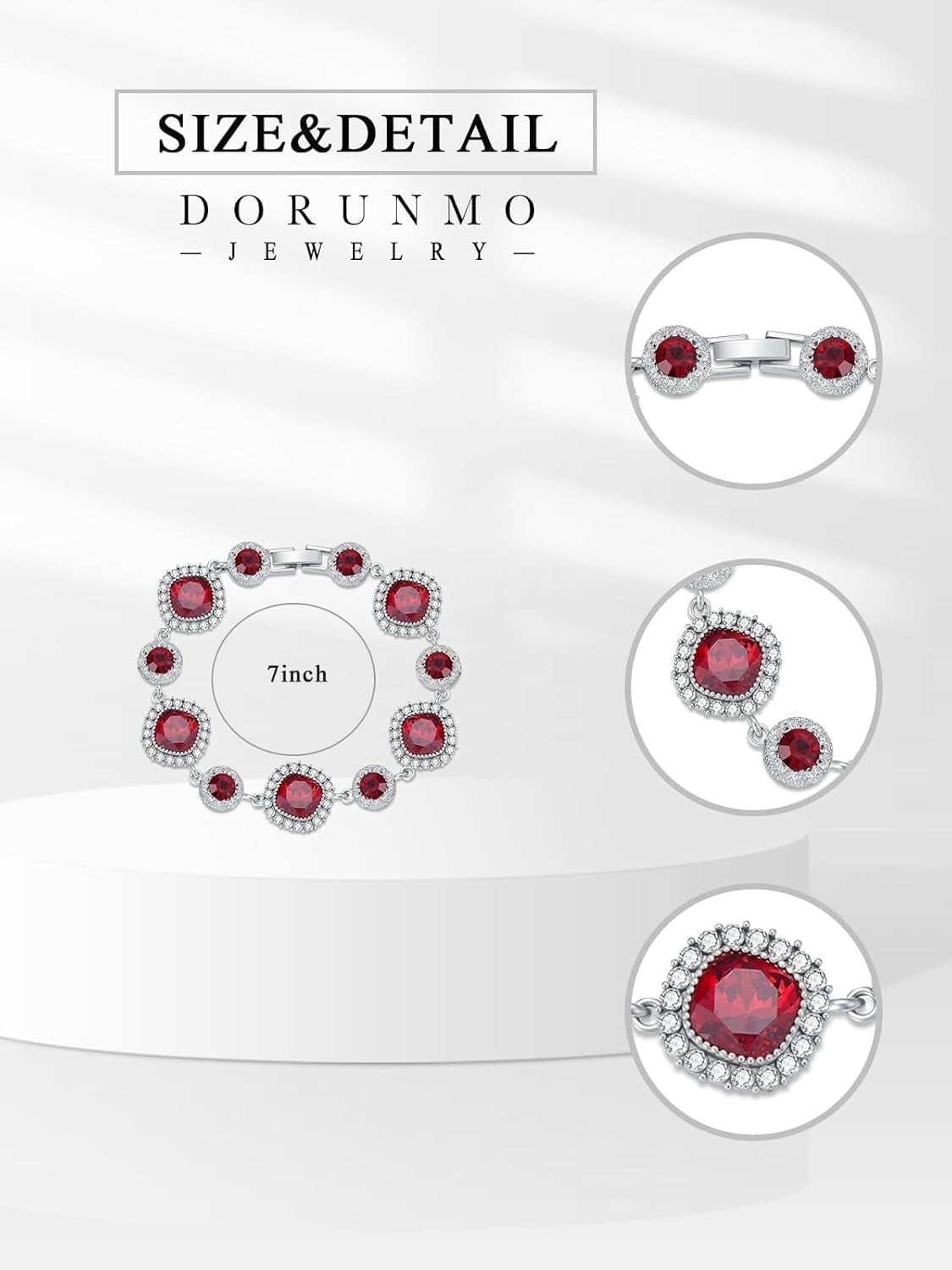 Red Gem Bracelet for Women White Gold Cushion Cut Crystal Bracelet Elegant Sparkling Jewelry for Christmas Valentine’s Day Gifts for Wife Xmas Jewelry Gifts for Women Mom Stocking Stuffers