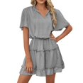 thumbnail image 2 of WTXUE Robes, Robe à Volants Manches Courtes Col en V, Femmes Printemps Été Volants Robe Décontractée Unie Ligne A Mi-Longue Femmes, Gris Taille m, 2 of 9