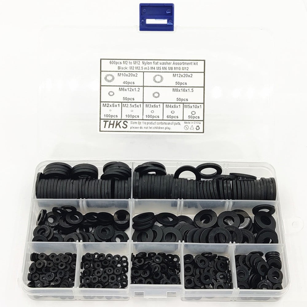 600pc Black Nylon Flat Washers Assortment Kit Fasteners With Storage Box Plastic 
