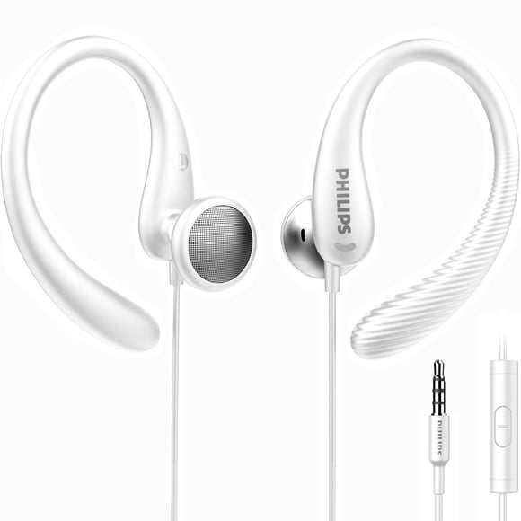 PHILIPS Over The Ear Earbuds, Flexible Wrap Around Earbuds, Around Ear Headphones with Mic Behind The Ear Headphones, Perfect for Sports, R