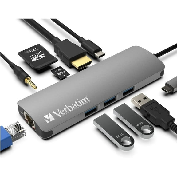 Verbatim 9-in-1 USB-C Hub with 4K HDMI, Power Delivery, USB 3.0, SD Card Reader & Gigabit Ethernet Port