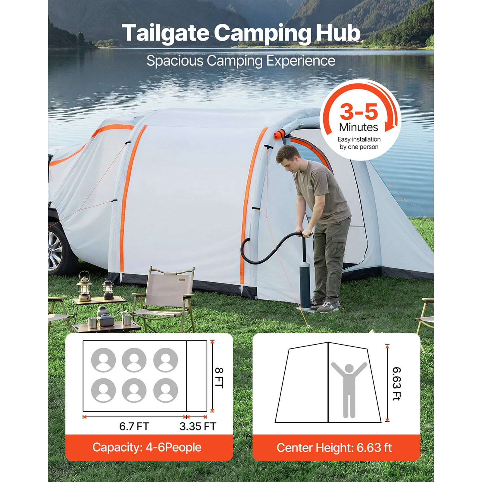 KFFKFF Inflatable SUV Tent with Awning, 8 x 6.7 ft 3-Season Tailgate Tent with Ventilated Doors & Mesh Window, PU2000mm Waterproof Rear Hatch Tent for Camping - Includes Air Pump