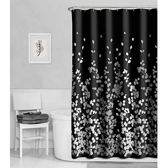 Maytex Sylvia Printed Faux Silk Fabric Shower Curtain, Black and White, 70 x 72 Inches