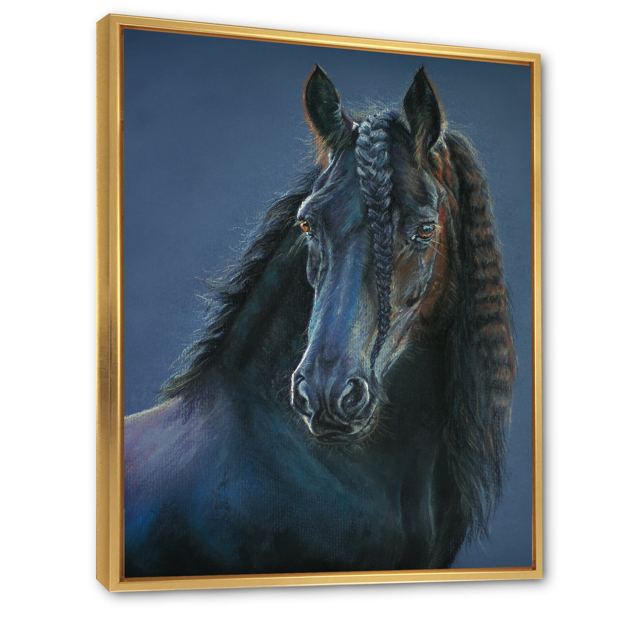 Designart 'Frisian Black Horse Portrait' Farmhouse Framed Canvas Wall Art Print